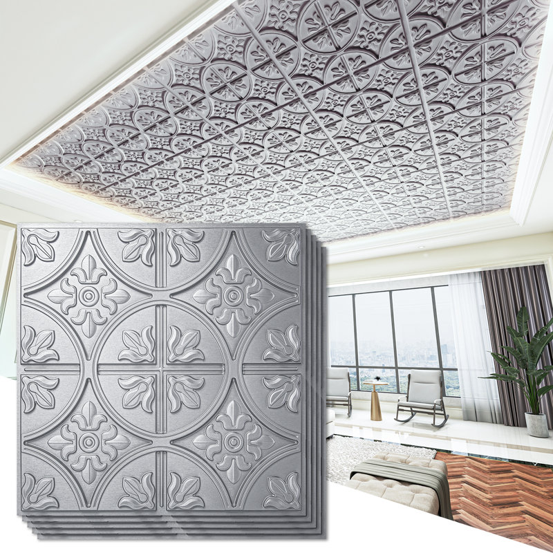 2 Ft. X 2 Ft. Glue-Up or Drop-in PVC Ceiling Tile,Waterproof PVC Panels for Interior Decor, Silver