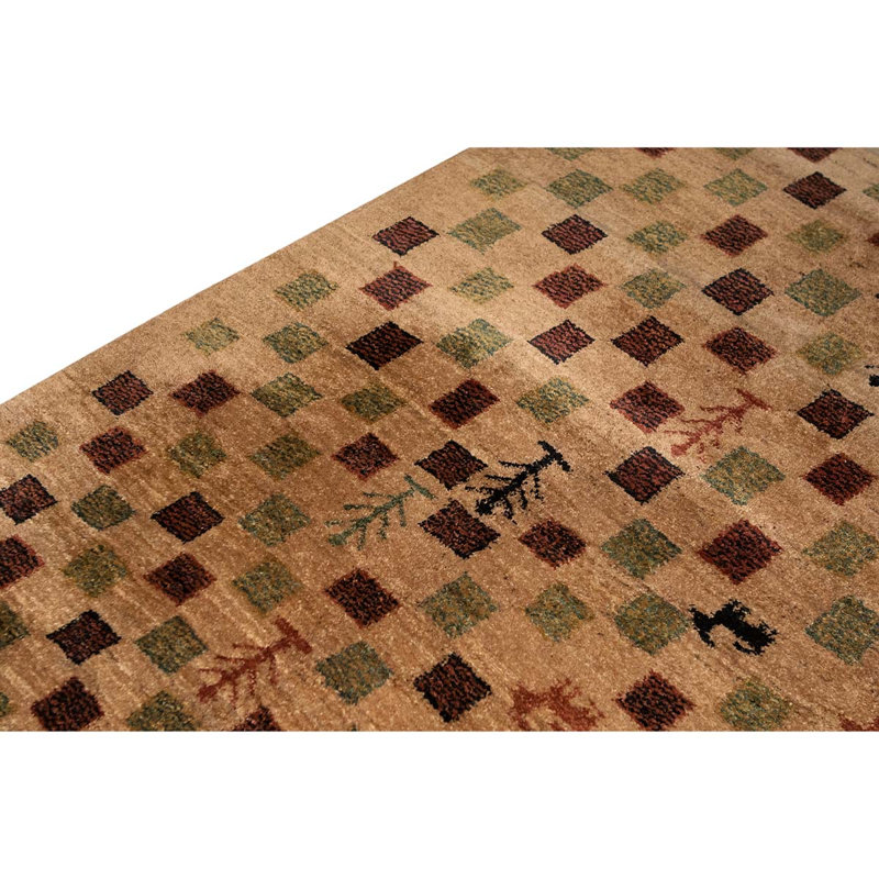 Tapis beige / rouge / vert en laine noué à la main de conception unique 5 pi 4 po x 6 pi 8 po