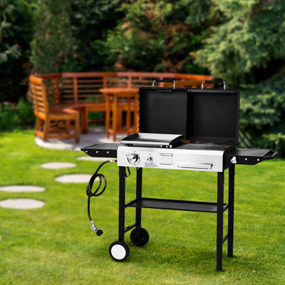 2-In-1 Propane Gas Grill And Charcoal Grill Combo12000btu Flat Top Griddle & Charcoal BBQ Grill With Lid