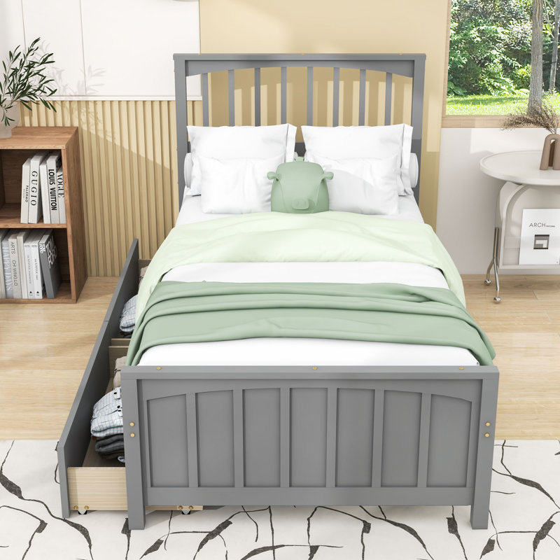 Lit plateforme simple en bois 2 tiroirs avec tête de lit, Gris