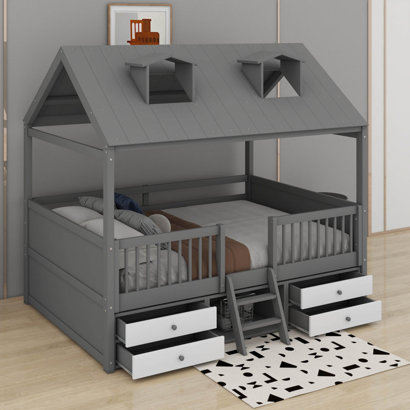 Lit double en bois, Gris