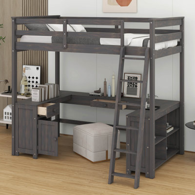 Wood Full Size Loft Bed With U-Shaped Desk,Storage Shelves And Drawers
