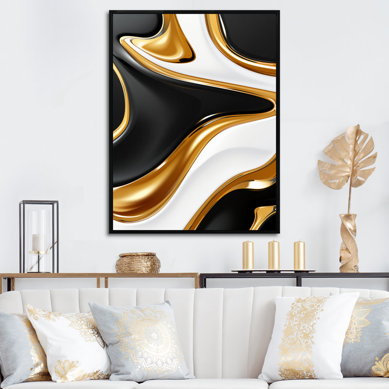 Vague liquide or noir et blanc dimension I sur toile, Cadre flottant noir, H 44 po x l 34 po x P 1,5 po