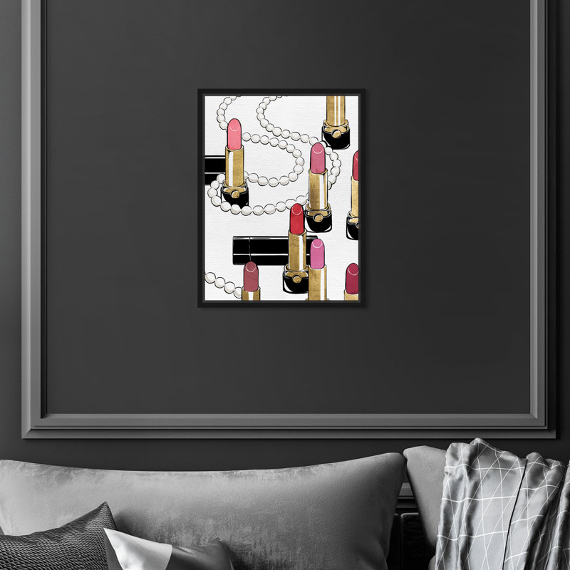 Rouge à lèvres et perles, maquillage - impression, Cadre en bois noir, H 15 po x l 10 po