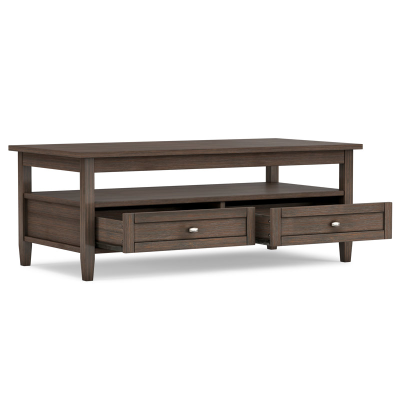 Warm Shaker 48"W Solid Wood Transitional Coffee Table with Storage Drawers and Open Shelf, Farmhouse Brown