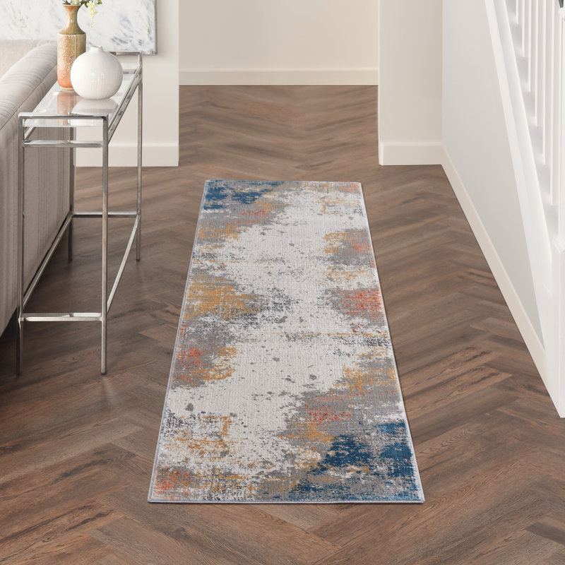 Tapis abstrait gris / bleu / ivoire, Tapis de couloir 2 pi 2 po x 7 pi 6 po