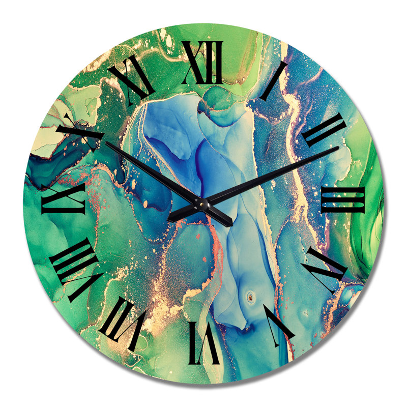 Bleu et vert, art liquide abstrait II - horloge murale moderne, Surdimensionné