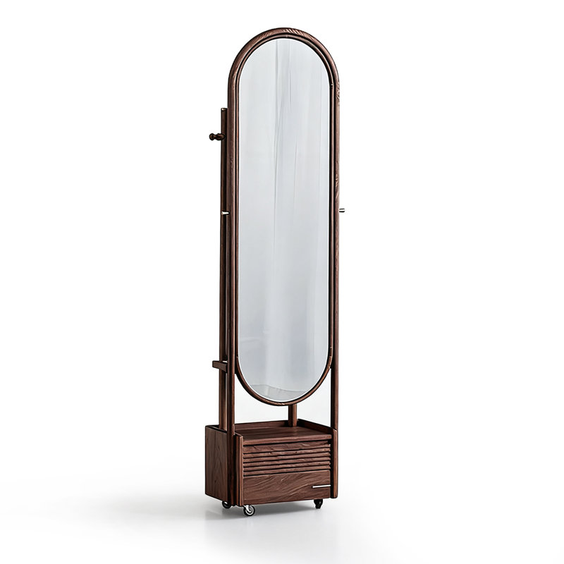 American-Style Vintage Walnut Movable Storage Full-Length Mirror