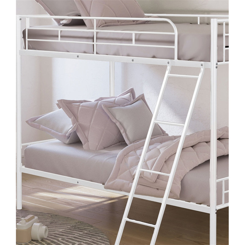 Contemporary Style Twin Over Twin Bunk Bed Footboard Ladder Metal Structure, Twin, White