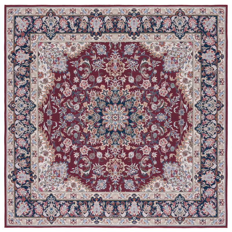 Tucson Vintage Look Machine Washable Non-Slip Area Rug in Maroon, Square 183 cm