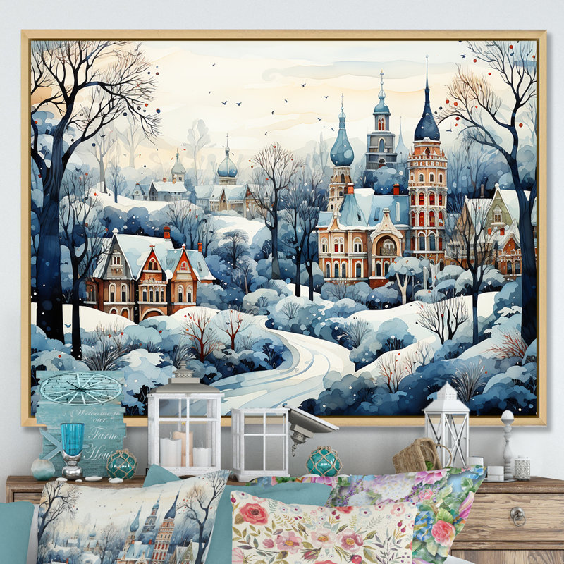 Paysage hivernal de la ville russe III - Art mural paysage d'hiver pour le salon, Cadre flottant brun