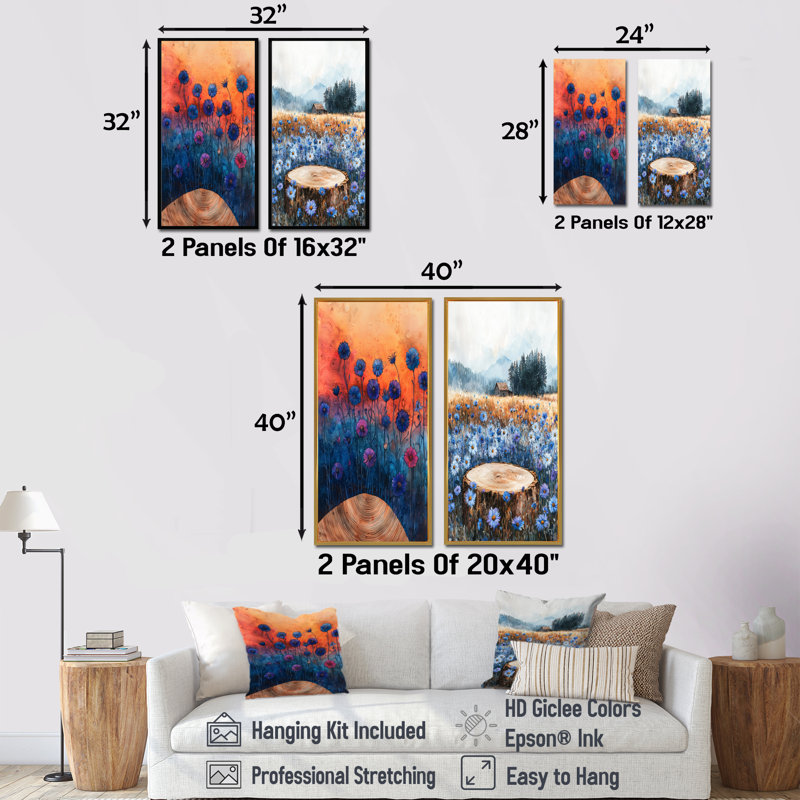 Cornflowers Garden At The Barn On Slide I - Collection d'art floral sur toile 2 panneaux, H 40 po x l 41 po