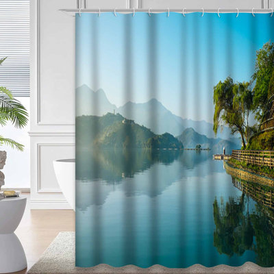 Rideau de douche avec 12 crochets Tuns Mountains Lake Sun Moon