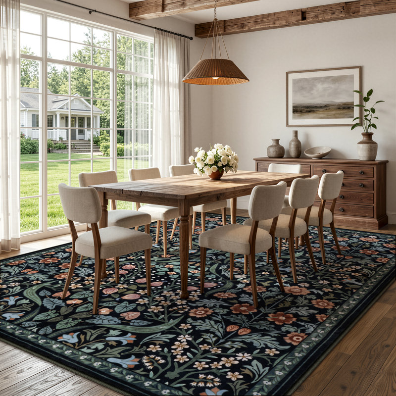 Tapis lavable à motif floral Kaldi, Rectangle 9 pi x 12 pi, Noir