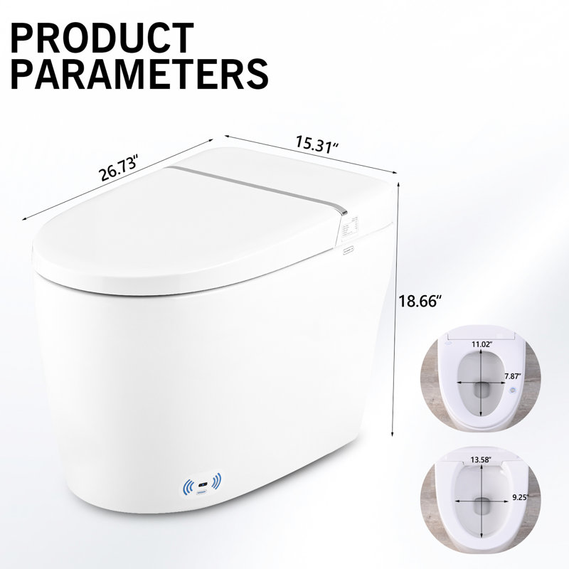 Toilette intelligente en céramique avec buse autonettoyante, siège chauffant, nuit, chasse d'eau avec capteur de pied, descente silencieuse silencieuse, fermeture en douceur, bouton de réglage de la chaleur à 3 réglages automatiques, télécommande, fonction,