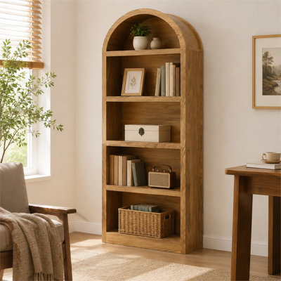 Ensemble de 2 étagères hautes autoportantes, style ferme, bibliothèque ouverte 2-1-5 avec dessus arqué en tissu, vitrine pour salon, chambre ou bureau, brun et naturel