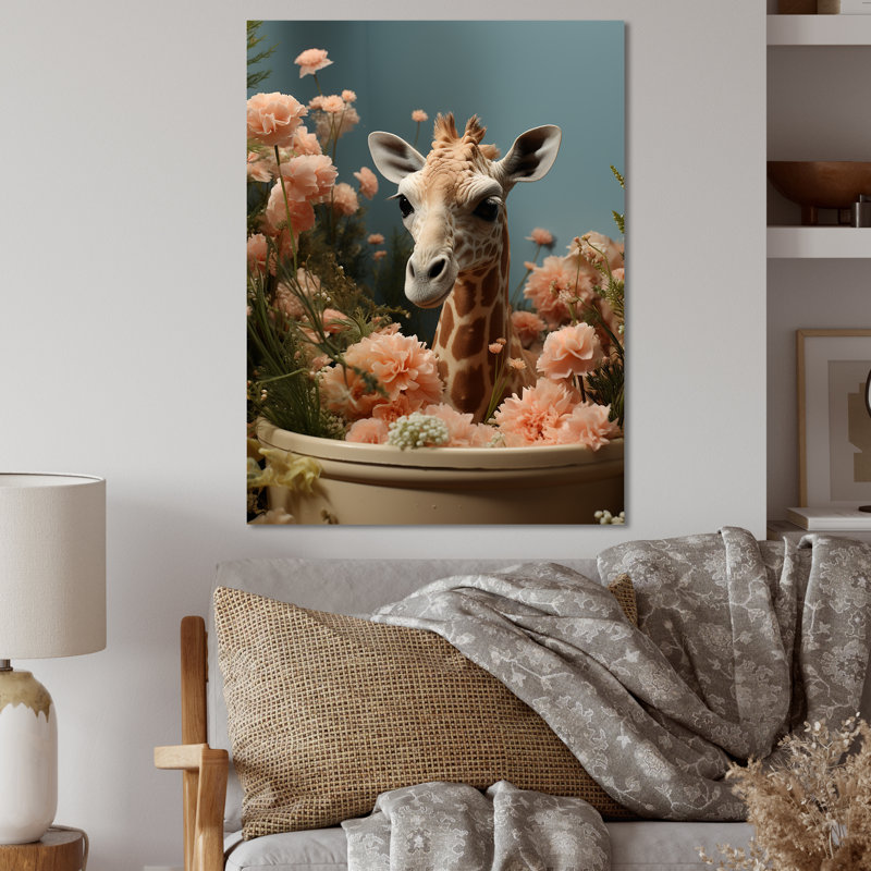 Floral Giraffe Bathroom Gaze - Art mural en métal pour salle de bain, H 20 po x l 12 po x P 1 po