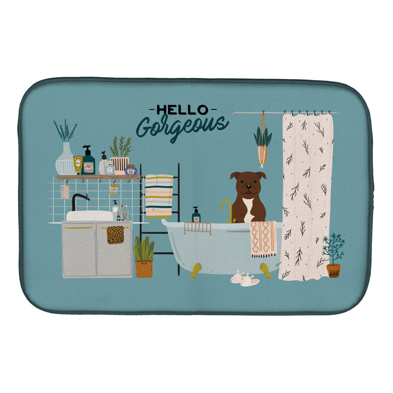 Tapis de séchage caniche dans la baignoire, Staffordshire bull terrier chocolat