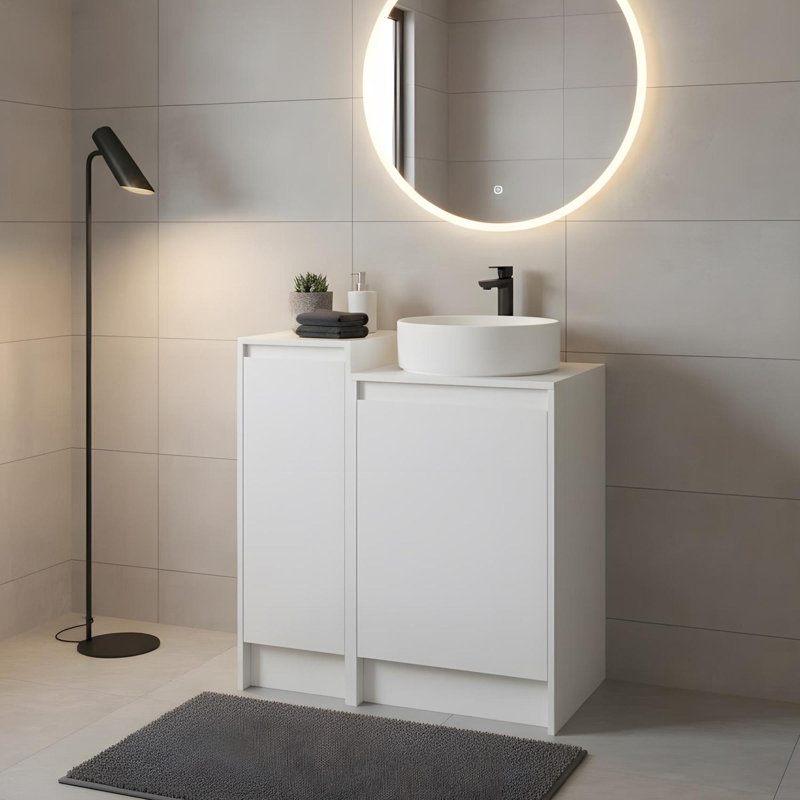 Meuble-lavabo autoportant avec une petite armoire de rangement, Blanc