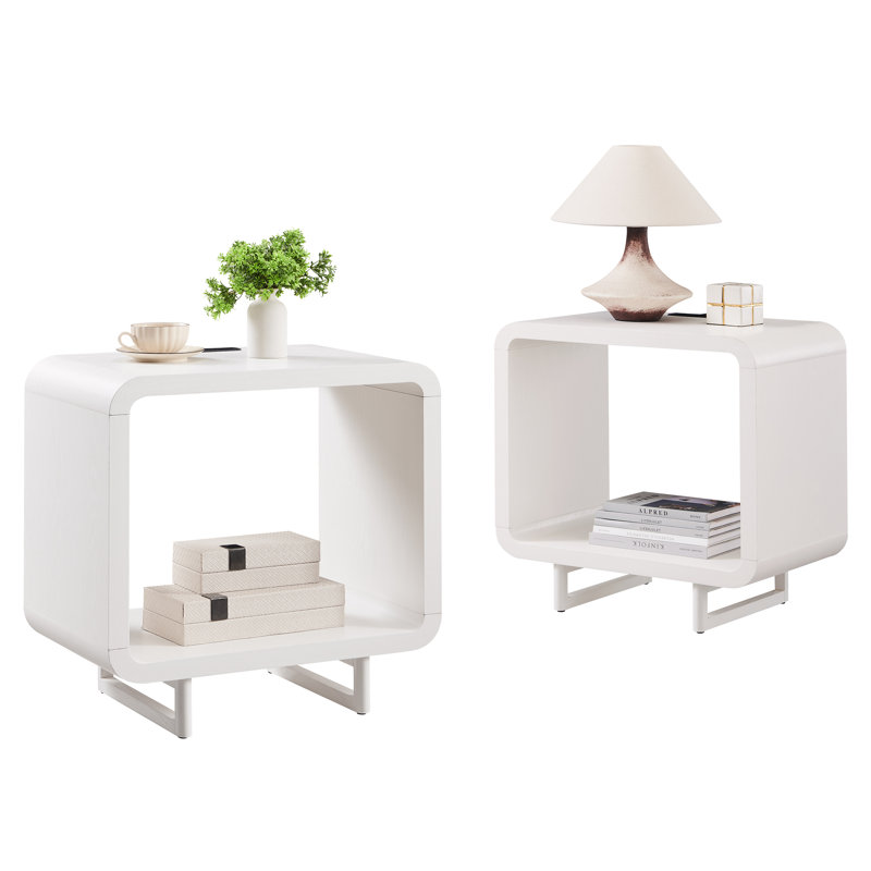 Ensemble de 2 tables de bout modernes à 2 niveaux avec station de charge et tablette de rangement ouverte Abrianna, 2, Blanc