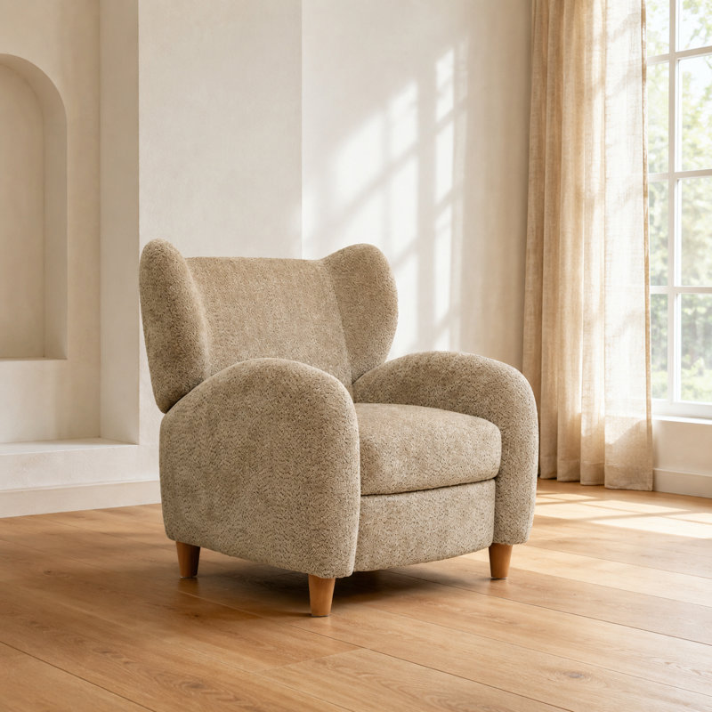 Chaise d'appoint moderne à dossier courbé avec fonction inclinable et repose-pieds, revêtement en chenille de teinte chameau neutre pour le salon, le bureau ou l'espace de loisirs