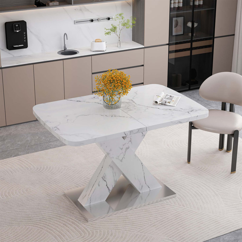 Table de salle à manger carrée moderne avec plateau en marbre imprimé extensible et base en X durable en bois aggloméré