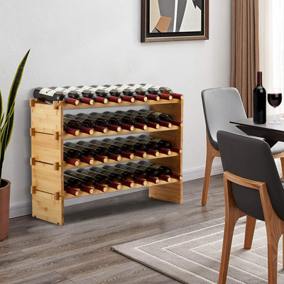 4 casiers à vin modulaires empilables à 4 niveaux, 36 bouteilles en bois, porte-bouteilles en bois massif, support de rangement pour bouteilles de vin en bambou massif, sans oscillation, aucun outil requis