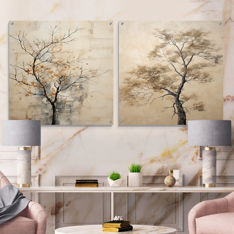 Minimalism Beige Maple Tree Melody IV - Tree Maple Acrylic Wall Art Glass Set Of 2, 16" H x 33" W