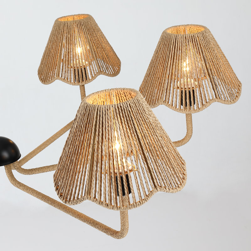 6-Light 38.98" W Boho Style Black Chandelier With Hand-Woven Rattan Shade For Kitchen Island, Dining Room, Entryway, Suitable For Sloped Roof Mounting