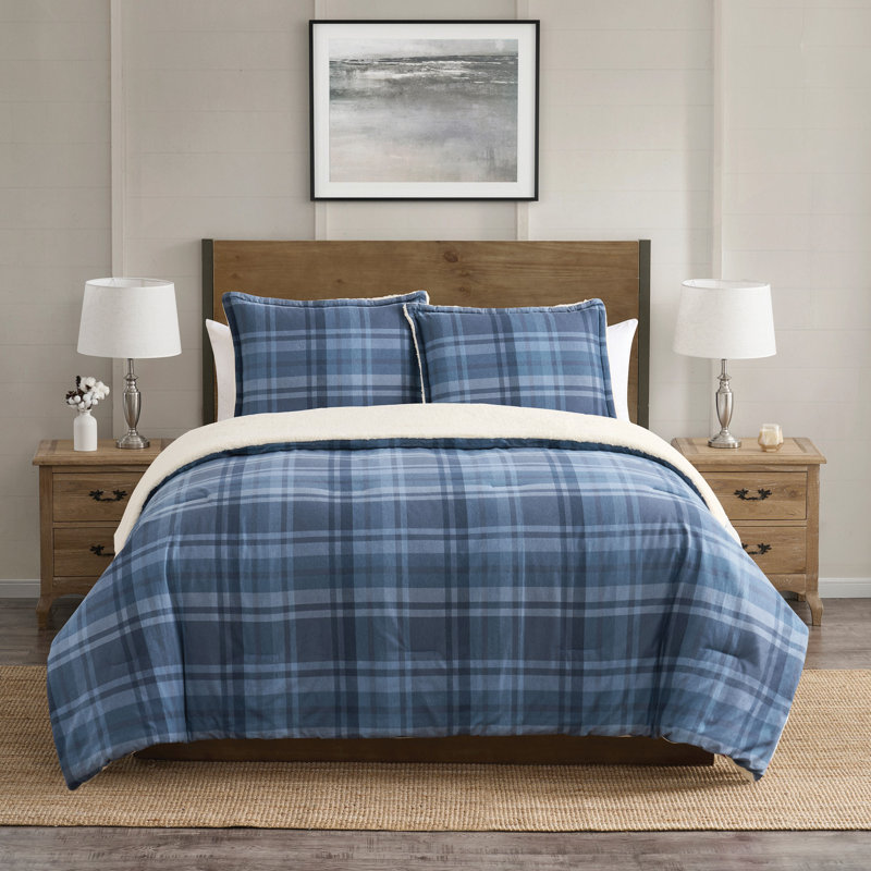 VCNY Home Plaid 3-Piece Brushed Cotton Flannel and Sherpa Comforter Set, Blue