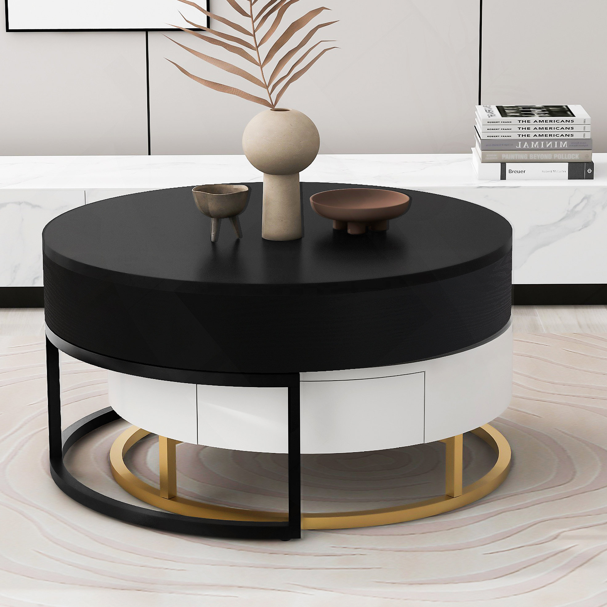 Mercer41 Modern Round Lift-top Nesting Coffee Tables with 2 Drawers ...