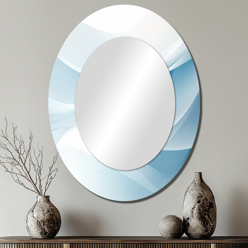 Bleu et blanc abstrait fractal Fusion IV - Miroir mural moderne ovale, H 40 po x l 30 po
