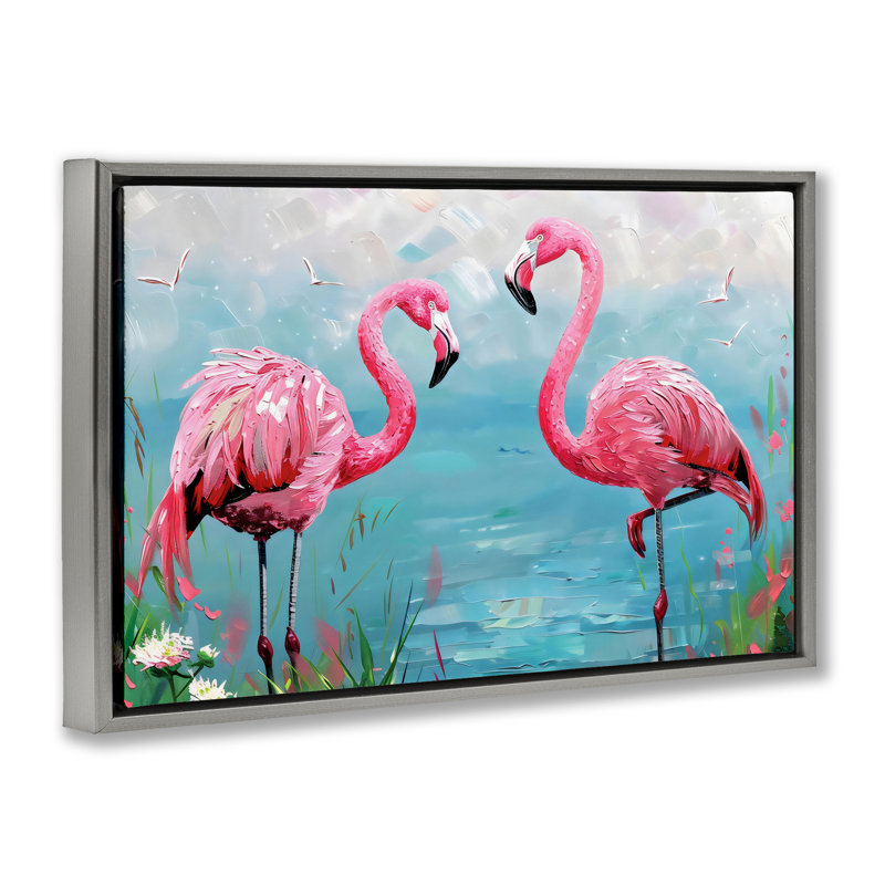 Cadre flottant Flamingo Lagoon Duo, design par LSR Design Studio, H 17 po x l 25 po, Cadre flottant gris lustré