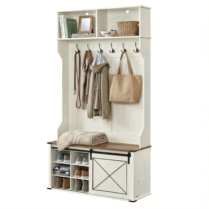 Wigston 42" W Hall Tree with Bench and Shoe Storage , Rustic White/Honey Brown