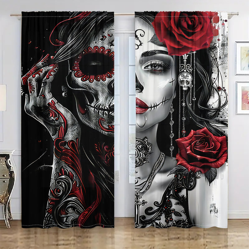 2Pcs Sugar Skull Curtains Gothic Day of Dead Design Rose Pattern Window Drapes Halloween Decor Rod Pocket Polyester Material for Living Room Bedroom Dining Kitchen Home