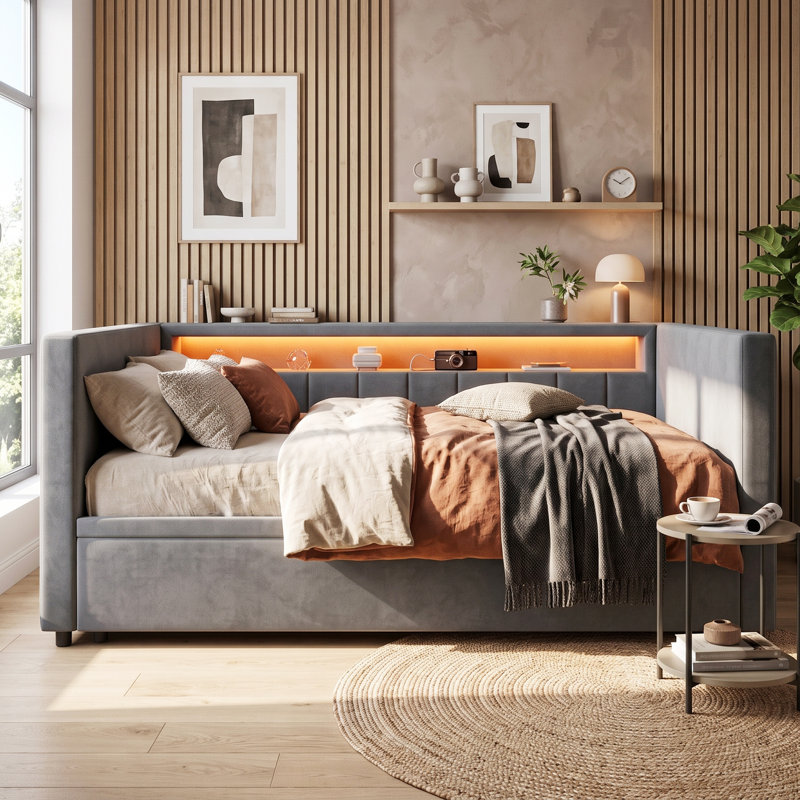 Smart Upholstered Storage Daybeds Upholstered Velvet Daybed, Grey
