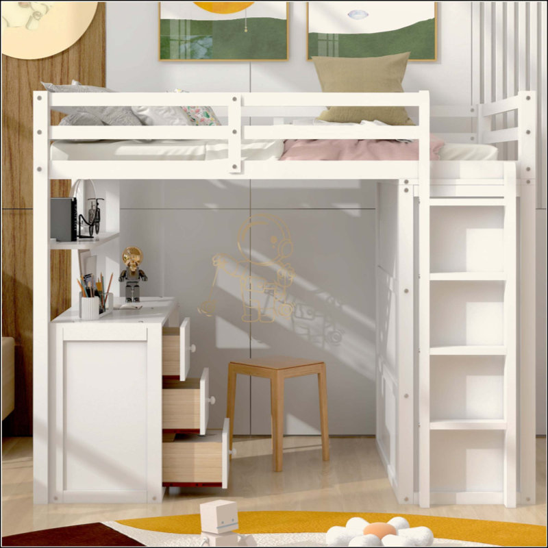 Lit mezzanine avec tiroirs, bureau et garde-robe, White
