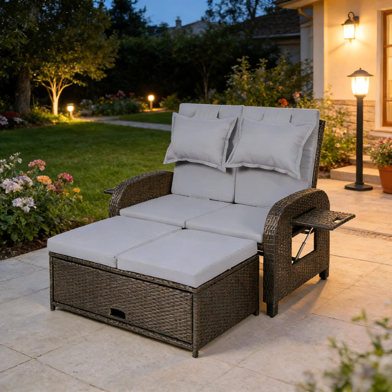 3-In-1 Convertible Design Reclining Sofa,Wicker Outdoor Daybed,Rattan Daybed