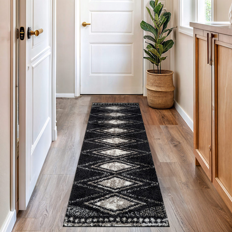 Geometric Grid Pattern Shag Rug – Anthracite Dark Gray – Medium Pile, Soft & Durable, Runner 2'2" x 8'
