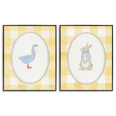 Goose & Bunny Yellow Gingham, ensemble de 2 giclées encadrées, design par The Paper Curator