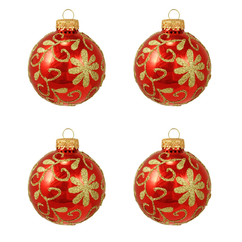 4 boules de Noël en verre scintillantes à motif floral rouge brillant 4 carats 2,5 po (65 mm)
