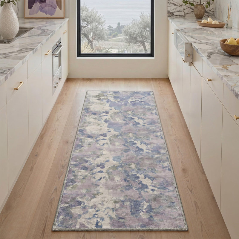 Tapis de couloir abstrait bleu / lavande / ivoire lavable à la machine avec envers antidérapant, Rond 5 pi