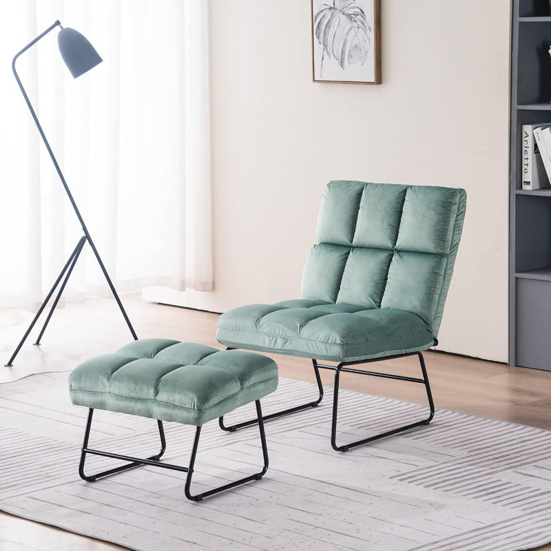 Varrian 2 Set Accent Chair with Ottoman, Velvet Modern Metal Legs, Club Chair Lounge Sofa Couch, Light Green Velvet