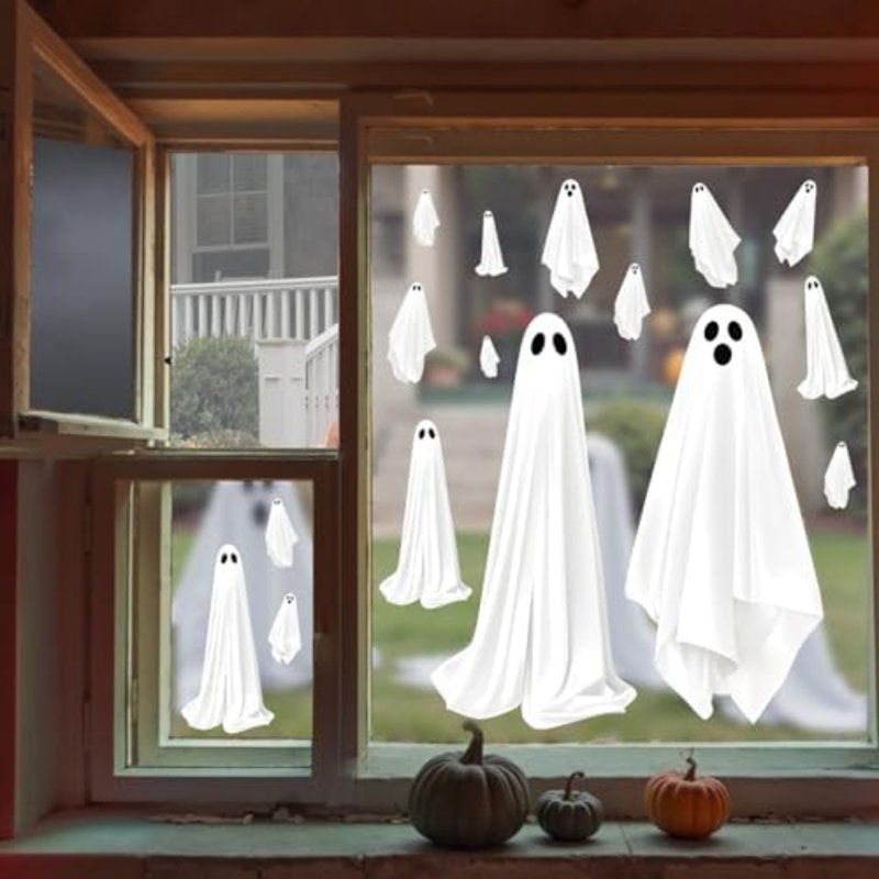 Décoration de fenêtre d'Halloween d'Halloween - Décalcomanie de 25,6 po à double face fantôme blanche, décorations d'Halloween effrayantes pour miroir en verre, 3 feuilles