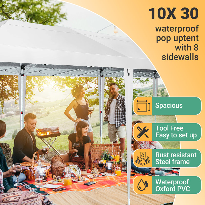 Tente d'auvent 10 x 30 avec 8 parois latérales et tente commerciale instantanée imperméable, Blanc