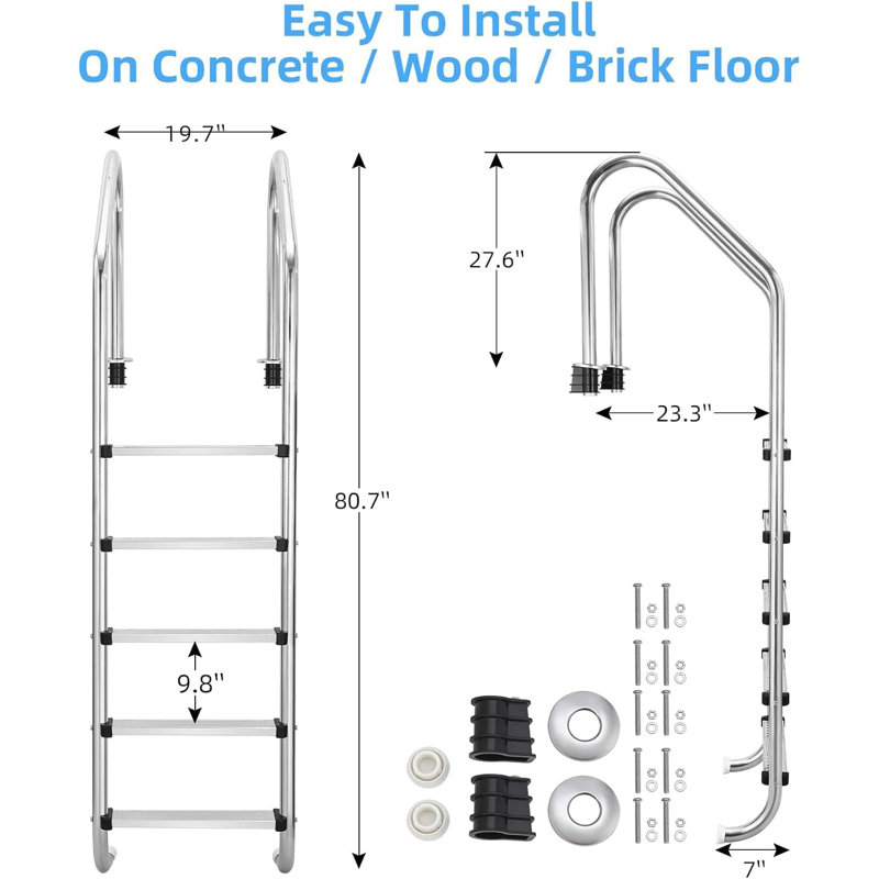 Swimming Pool Ladder, 2/3/4/5-Step, In-Ground Stainless Steel Step for Indoor/Outdoor Pool, Heavy Duty Non-Slip Ladder, Easy Assembly