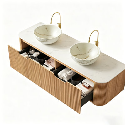 Meuble-lavabo de 60 po avec lavabo et lavabos 60 po, 2 tiroirs, 2 cuves en céramique blanc mat avec dessus en pierre frittée Carrara, pré-assemblé, grain de bois naturel