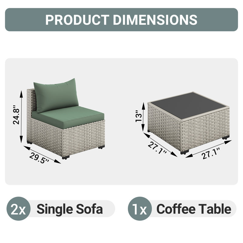 2-Person Outdoor Wicker Sofa Set With Cushion, Green