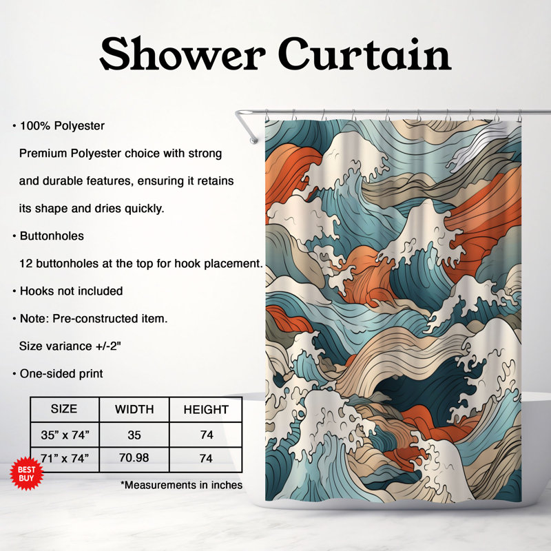 Rideau de douche Oriental Waves - Premium, H 74 po x l 71 po