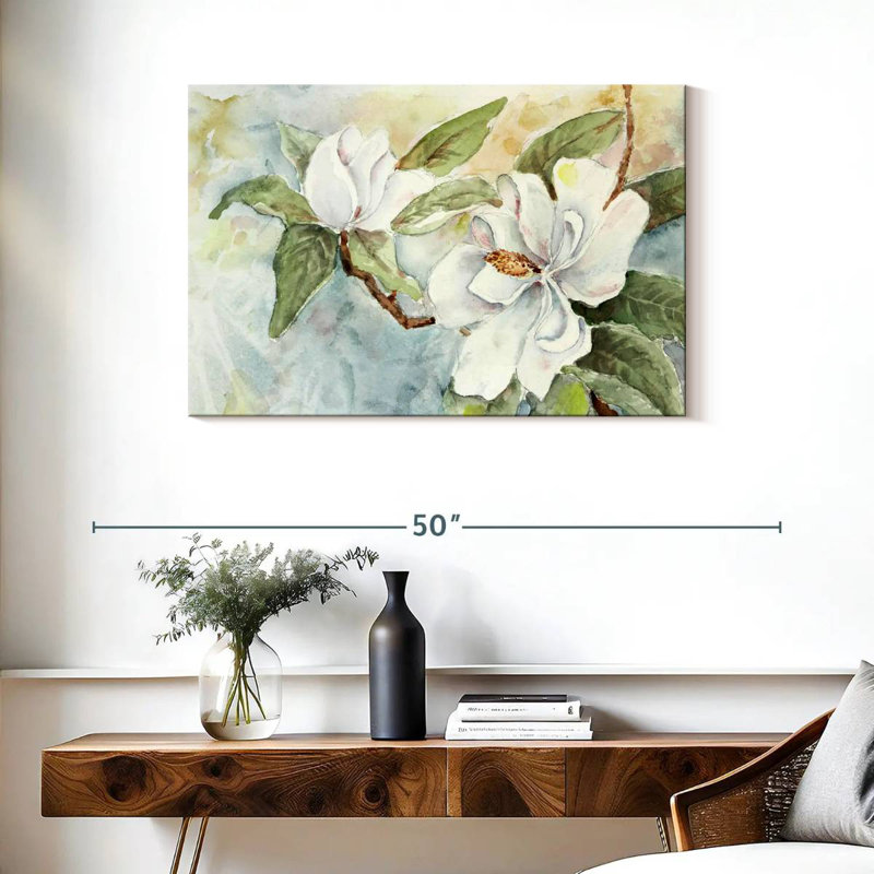 Branche de magnolia Harnek, aquarelle blanche, H 24 po x l 36 po